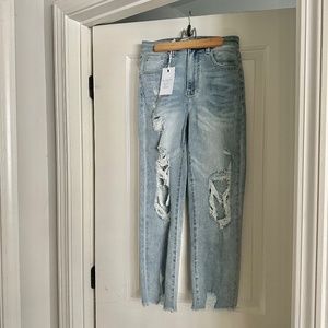 Risen High Rise Distressed Straight-Legged Jeans - New with Tags (Size 5/27)